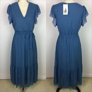 SOLD - BTFBM Midi Wrap Dress Size S Womans Blue Swiss Dots Ruffle Sleeve V-Neck